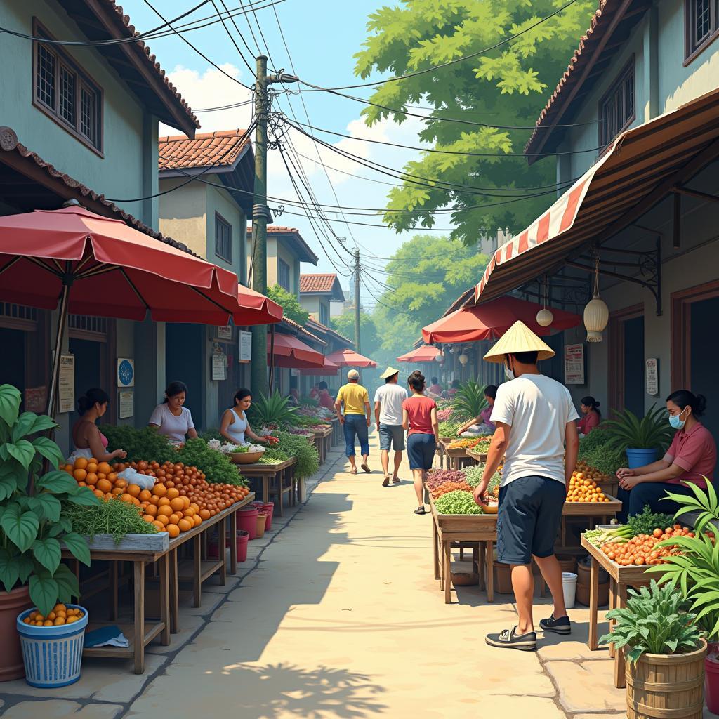 Chợ cóc nhỏ hoạt động sôi nổi, người dân trao đổi hàng hóa tại một xã ngoại thành Hà Nội.